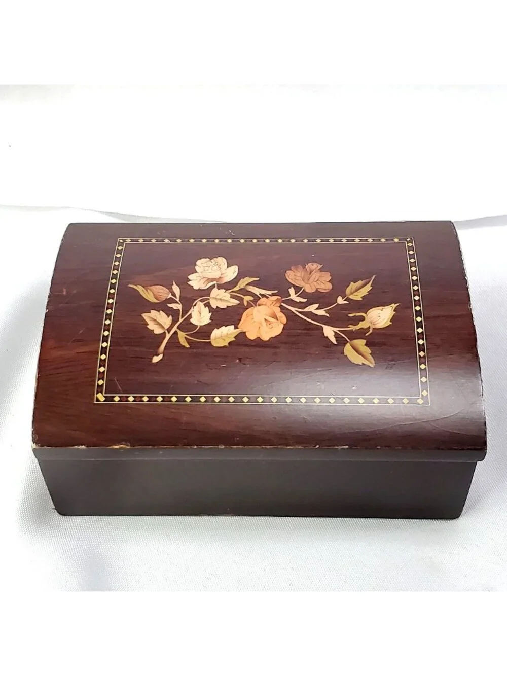 Mahogany Wooden Jewelry Box Floral Marquetry Inly with Mirror 5x3.25 inches